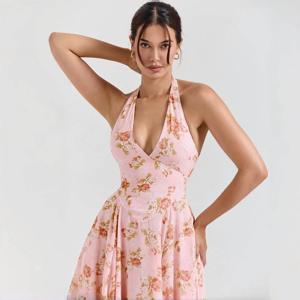 ZARA Spring Summer Womens Sexy Halter Neck Backless Floral Vacation Maxi Dress